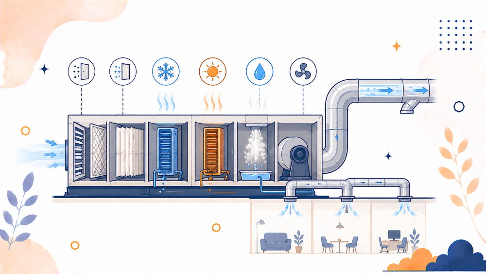 AHU(空調機)が空気を整えて送るイメージ