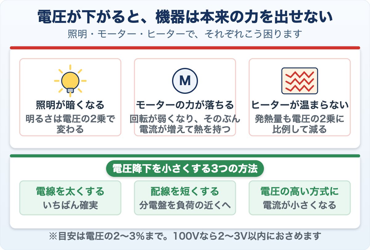 電圧が下がりすぎたときに起こることを、照明・モーター・ヒーターの3つで示した図。照明は暗くなり、モーターは回りにくくなって発熱し、ヒーターは熱が出にくくなる