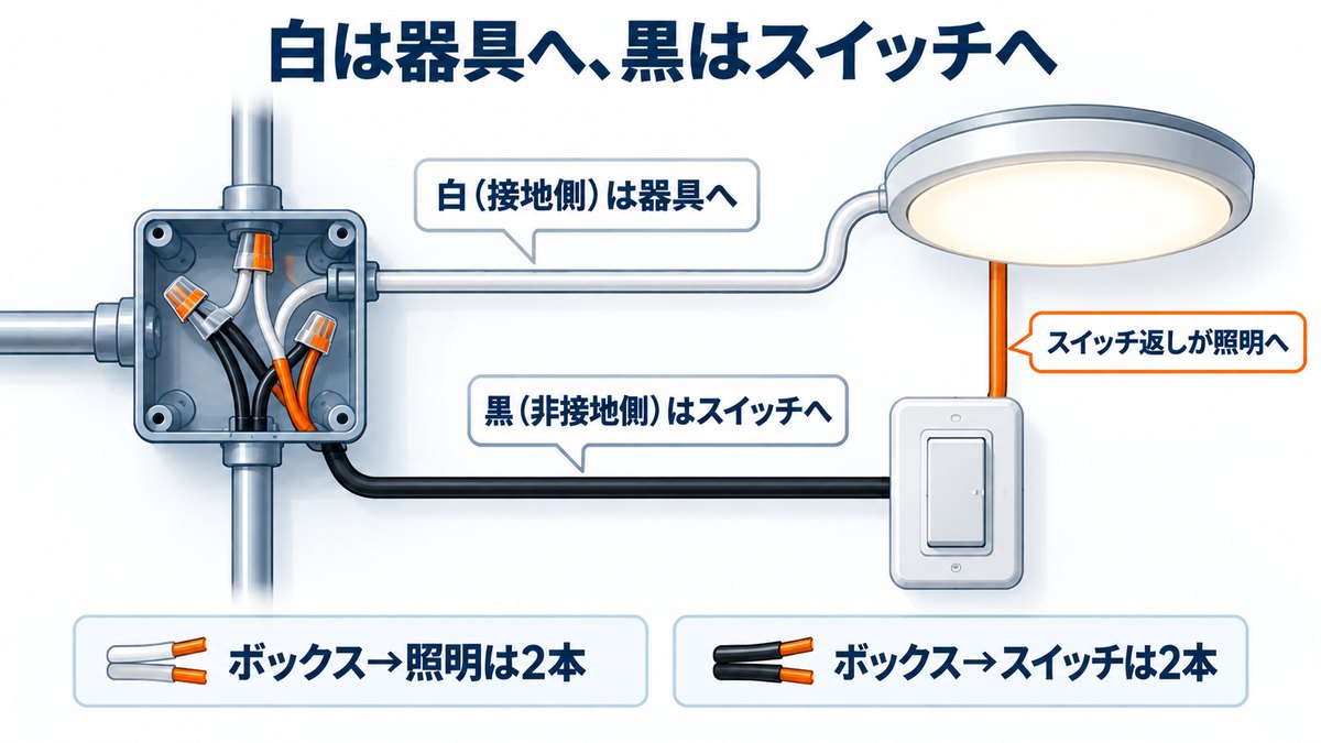 電源の白(接地側)は照明へ、黒(非接地側)はスイッチへ、というつなぎ方の図