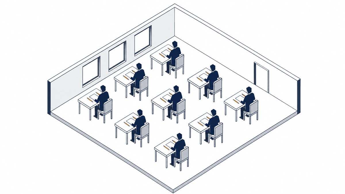 学科試験の会場で答案に向かう受験者のイメージ