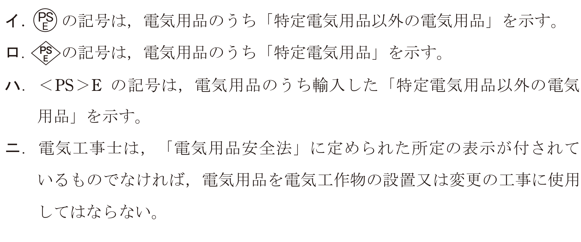 令和5年度上期 第二種電気工事士 学科試験（午前）問29の選択肢イ・ロ・ハ・ニ。丸の中のPSEとひし形の中のPSEという電気用品安全法の表示記号を含む、選択肢そのものの画像。