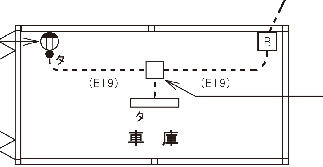 令和5年度上期 第二種電気工事士 学科試験（午前）配線図 問35・⑤の拡大。車庫の中を破線の配線が左右に横切り、その途中に中身が白い四角（□）が描かれている。⑤の引出線の矢印がその四角を指している。配線の左右には管の種類を表す（E19）の記載があり、右上には配線用遮断器B、左上には傍記「タ」の照明器具がある。