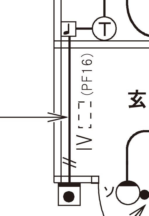 令和5年度上期 第二種電気工事士 学科試験（午前）配線図 問38・⑧の拡大。玄関のわきの壁を縦に通る配線に「IV」と「(PF16)」の傍記があり、⑧の引出線の矢印がそこを指している。配線の上端は四角の中に音符の形が描かれたチャイムと、丸の中にTと書かれた小形変圧器につながり、下端は四角の中に黒丸のある押しボタンにつながっている。