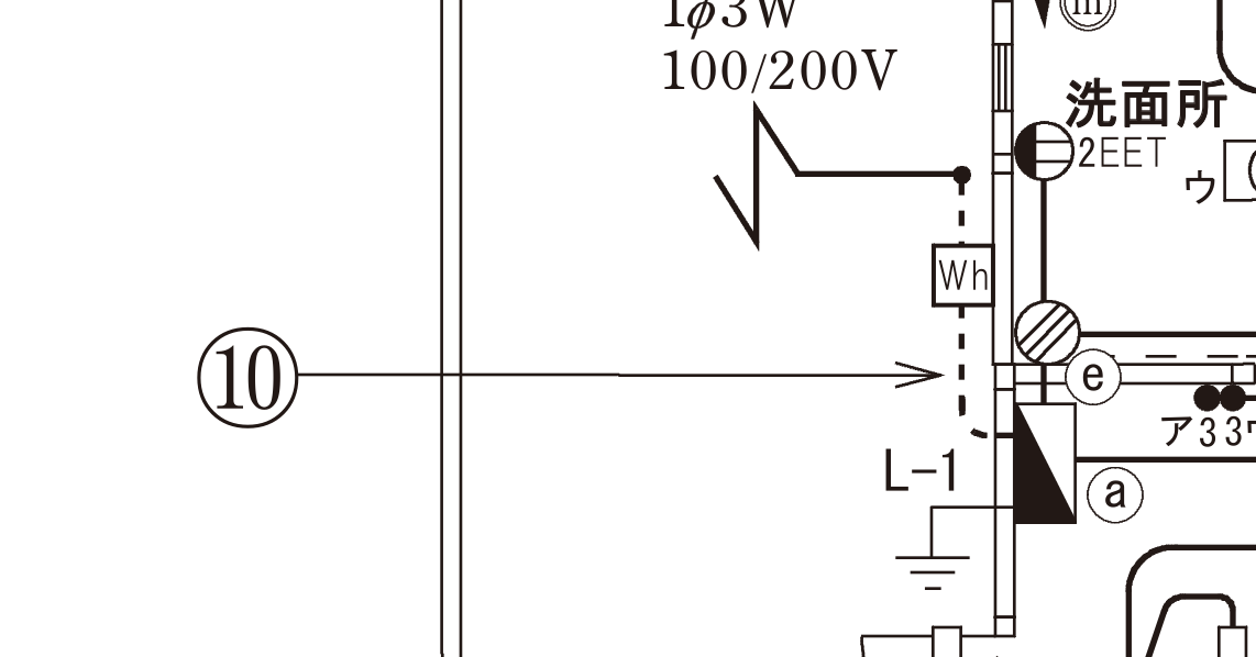 令和5年度上期 第二種電気工事士 学科試験（午前）配線図 問40・⑩の拡大。左に丸数字⑩があり、その引出線の矢印が建物の外壁に沿って縦に走る破線の配線を指している。上には1φ3W 100/200Vの引込線取付点の記号があり、配線は電力量計Whを通って下の分電盤L-1へ下りている。