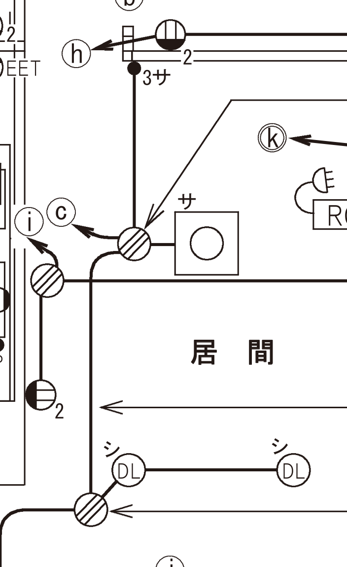 配線図の⑪付近の拡大。居間の左上にあるジョイントボックス（丸に斜線）に⑪の引出線が刺さっている。ボックスの右には四角の中に丸を描いた照明器具（傍記サ）、上へは黒丸に「3サ」と書かれた3路スイッチへの配線、左へは分岐回路ⓒからの電源、下へは居間の下側のジョイントボックスへ向かう縦の配線がのびている。