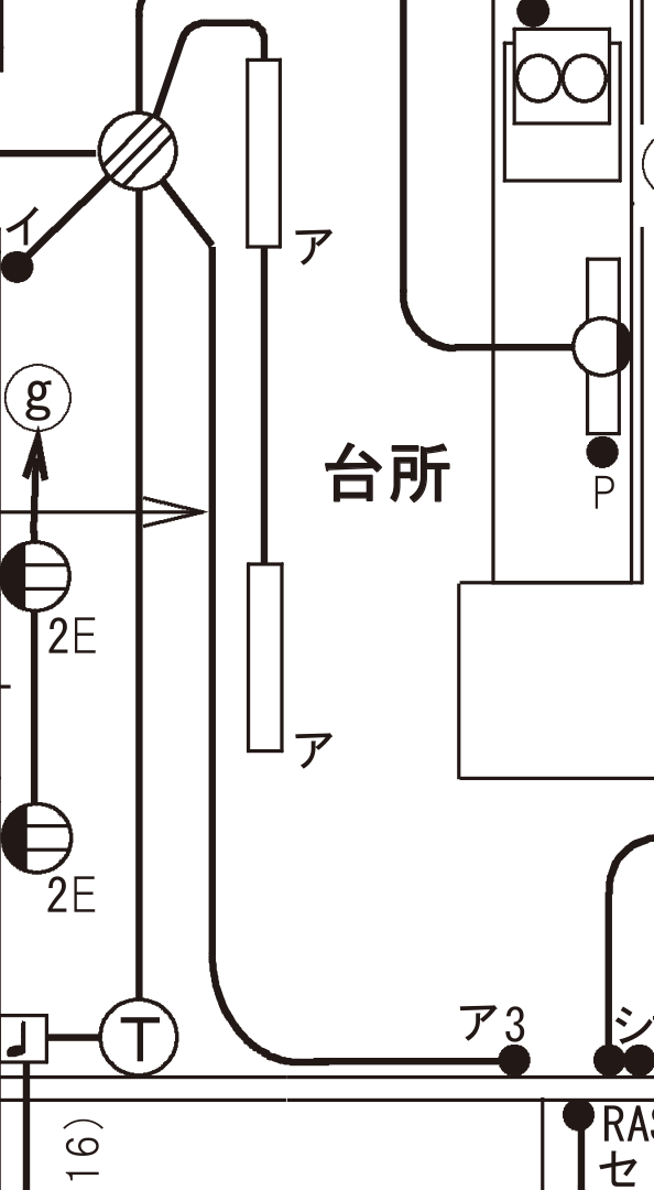 配線図の⑯付近の拡大。台所の左寄りを上下に走る2本の太い配線のうち、右側のものに⑯の引出線が刺さっている。この配線は上のジョイントボックス（丸に斜線）から下へのび、いちばん下で右に曲がって玄関の3路スイッチへ向かう。左側の配線はタイムスイッチ（丸にT）へ行くもので、その左には分岐回路ⓖの矢印と接地極付コンセント（2E）が2つある。台所の中央には細長い長方形が2つ（蛍光灯・傍記ア）描かれている。