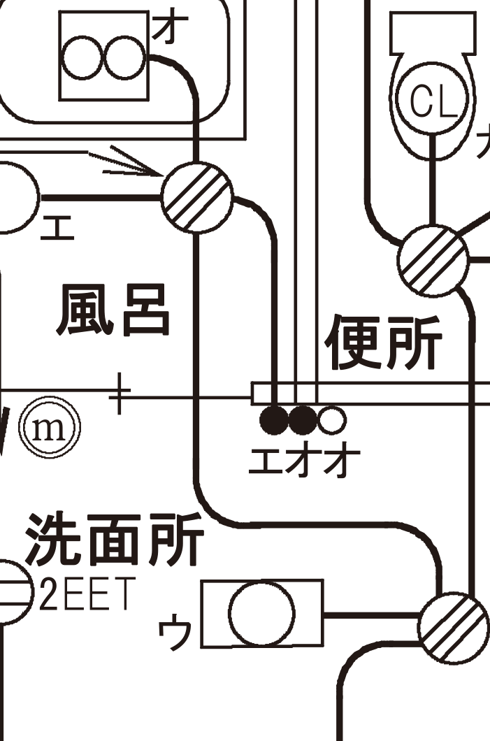 配線図の⑰付近の拡大。風呂の右上にあるジョイントボックス（丸に斜線）に⑰の引出線が刺さっている。左には壁付照明（傍記エ）、上には四角の中に丸が2つ描かれた換気扇（傍記オ）、右下へは黒丸2つと白丸1つが並んだスイッチ（エ・オ・オ）へ向かう配線、下へは洗面所側のジョイントボックスへ向かう配線がのびている。