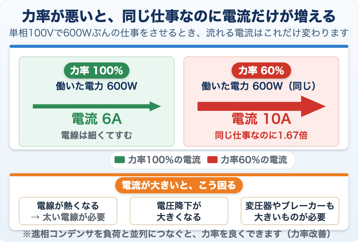 単相100Vで600Wの仕事をさせるとき、力率100％なら6A、力率60％なら10Aと、同じ仕事なのに流れる電流だけが増えることを比べた図