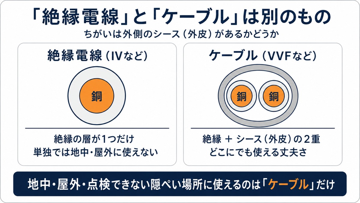 絶縁電線とケーブルの断面のちがい
