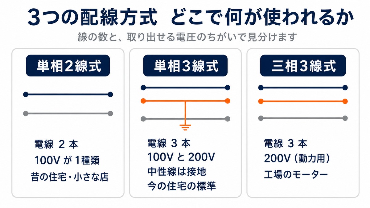 単相2線式・単相3線式・三相3線式の比較