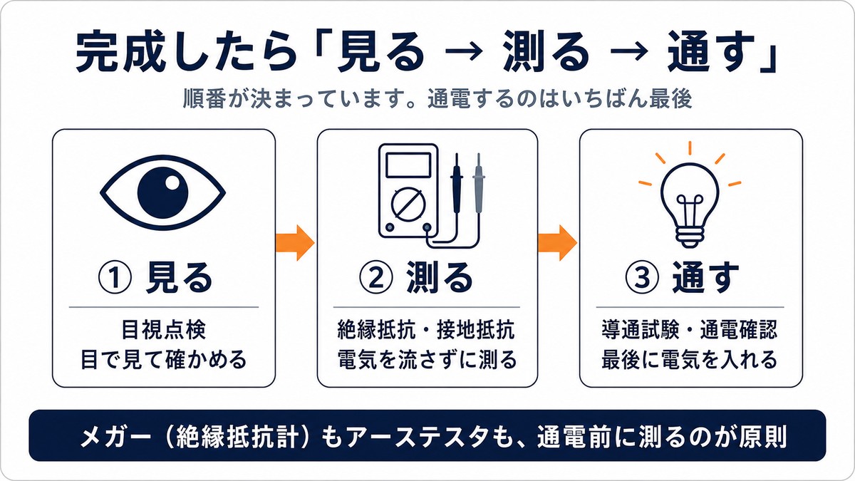 完成後の検査は見る→測る→通すの順
