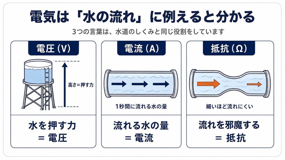 電気を水の流れに例えた図（電圧・電流・抵抗）