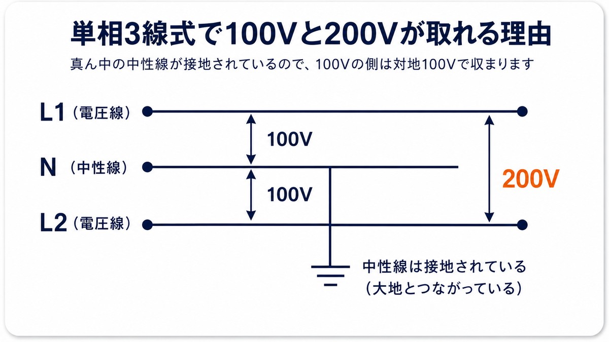 単相3線式で100Vと200Vが取れる仕組み