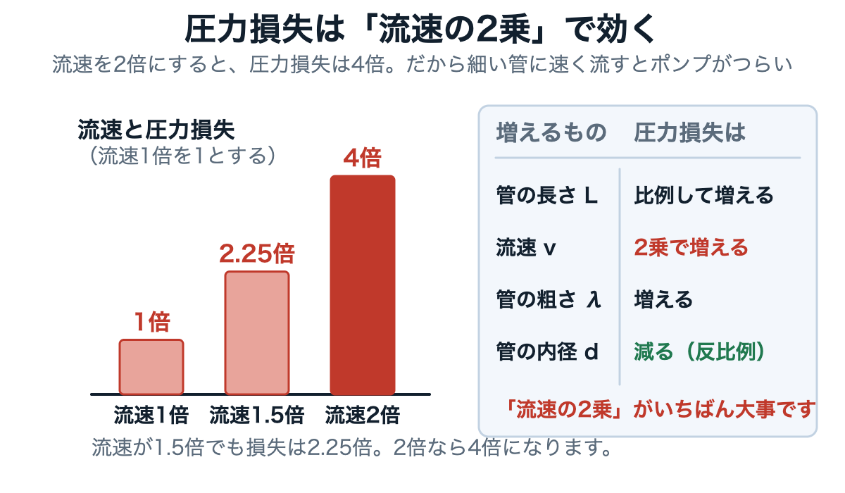 流速を2倍にすると圧力損失が4倍になることを棒グラフで示した図