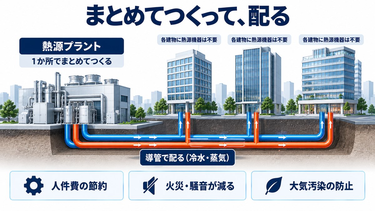 1か所のプラントから導管で複数の建物へ冷水・蒸気を配る地域冷暖房の図