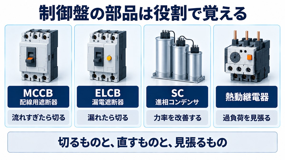 配線用遮断器・漏電遮断器・進相コンデンサ・サーマルリレーの役割を示した図