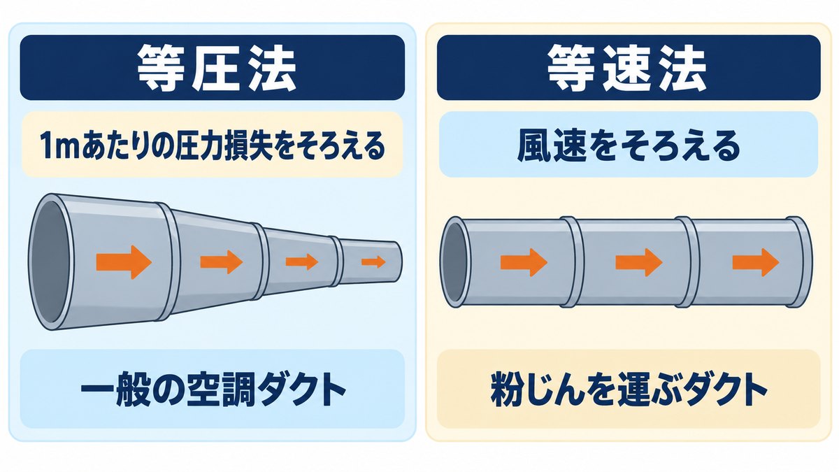 等圧法は単位長さあたりの圧力損失をそろえ、等速法は風速をそろえてダクト寸法を決めることを示した図