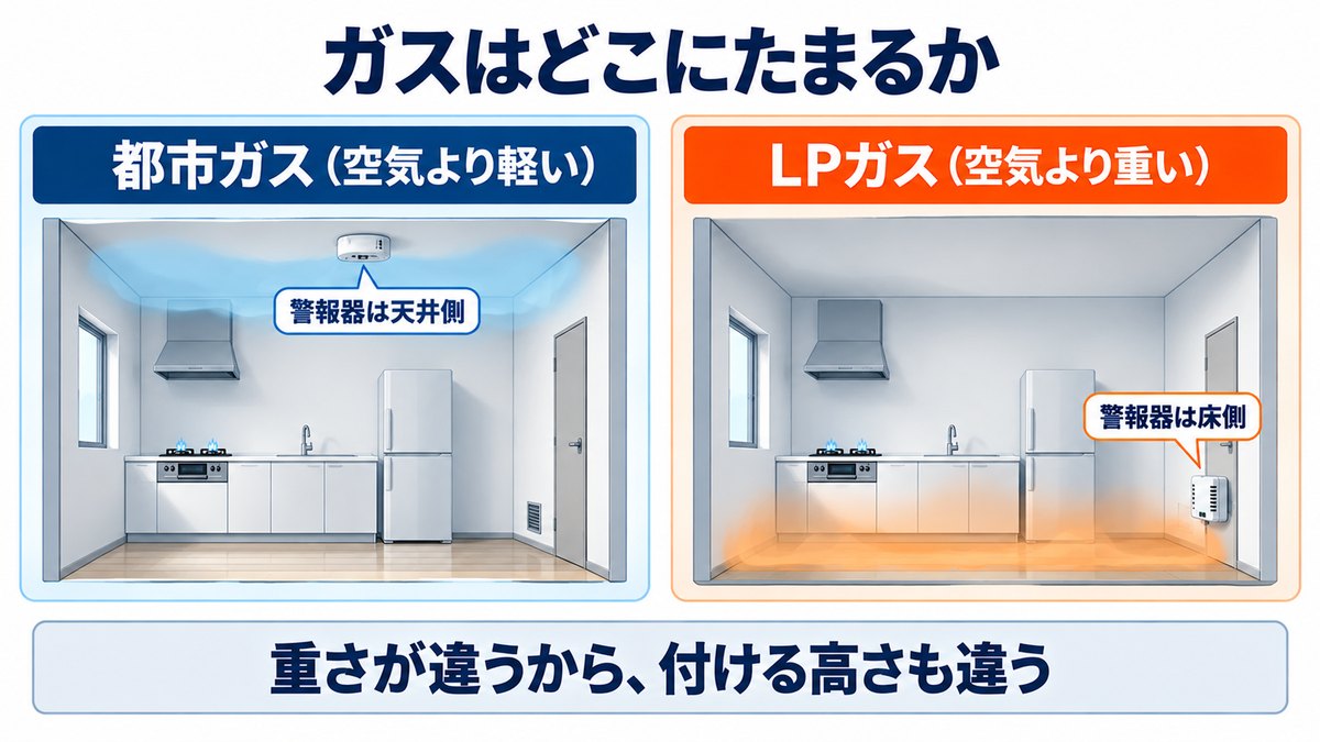 都市ガスは空気より軽く天井付近に、LPガスは空気より重く床付近にたまることを示した図
