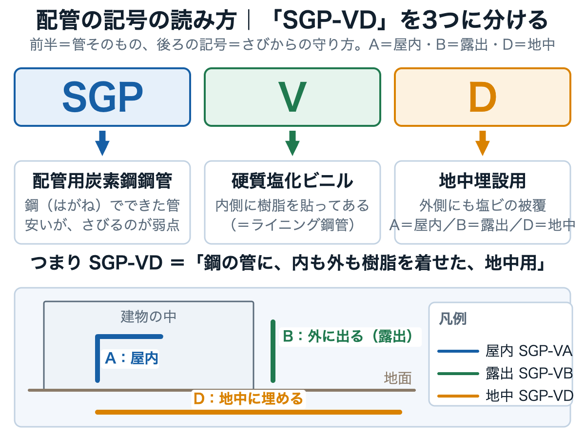 配管記号SGP-VDをSGP・V・Dの3つに分けて意味を説明し、屋内・露出・地中の使い分けを建物の断面で示した図