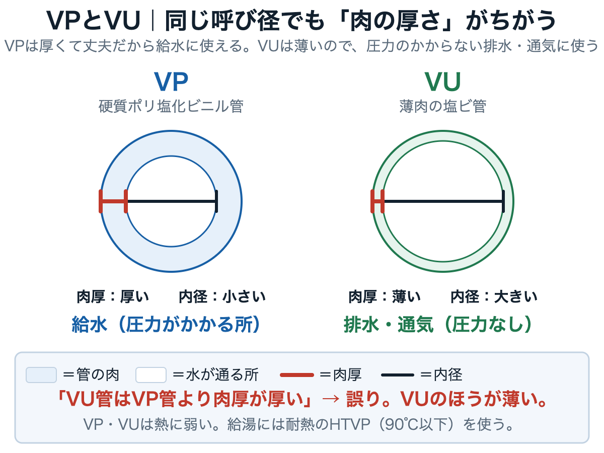 同じ呼び径のVP管とVU管の断面を並べ、肉厚と内径のちがいを比べた図