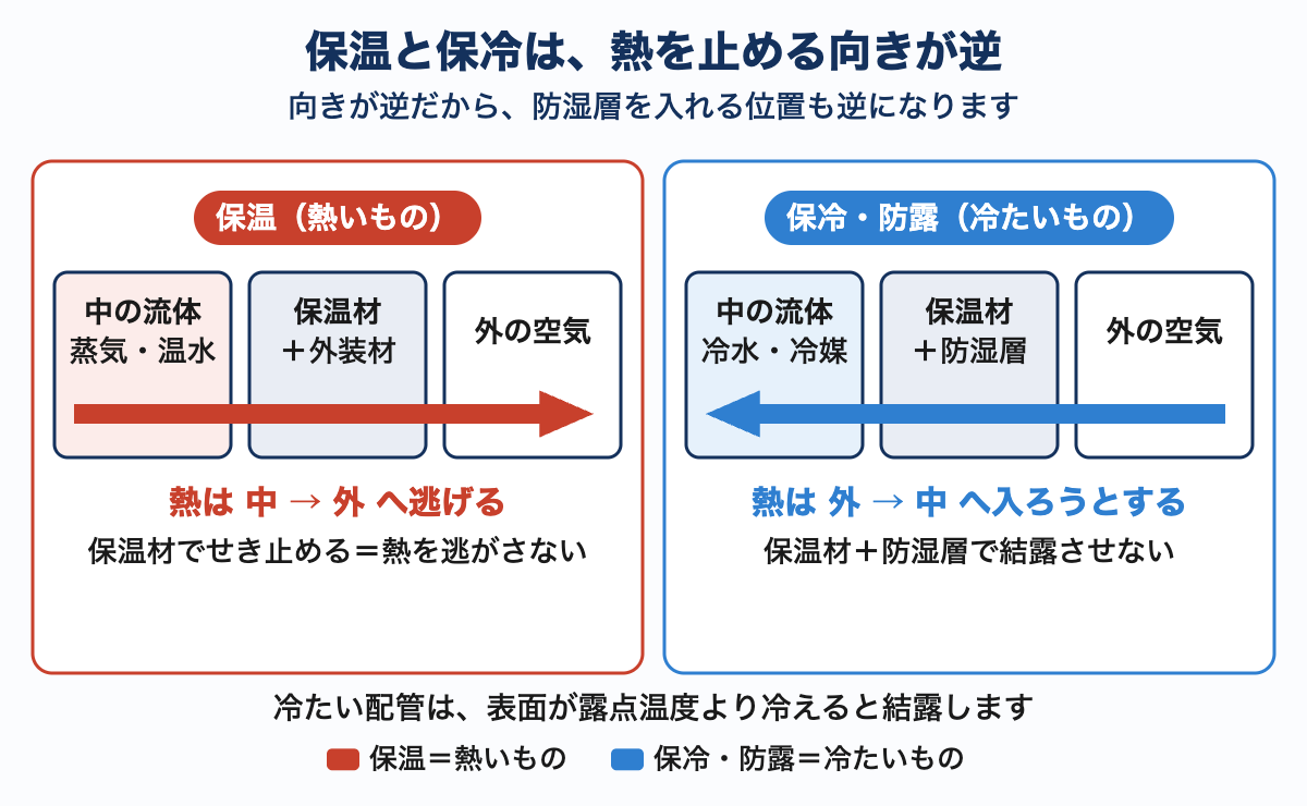保温と保冷の断面をならべた図。保温は熱が中から外へ逃げるのを保温材でせき止め、保冷は熱が外から中へ入るのを保温材と防湿層で止めることを、矢印の向きで示している。