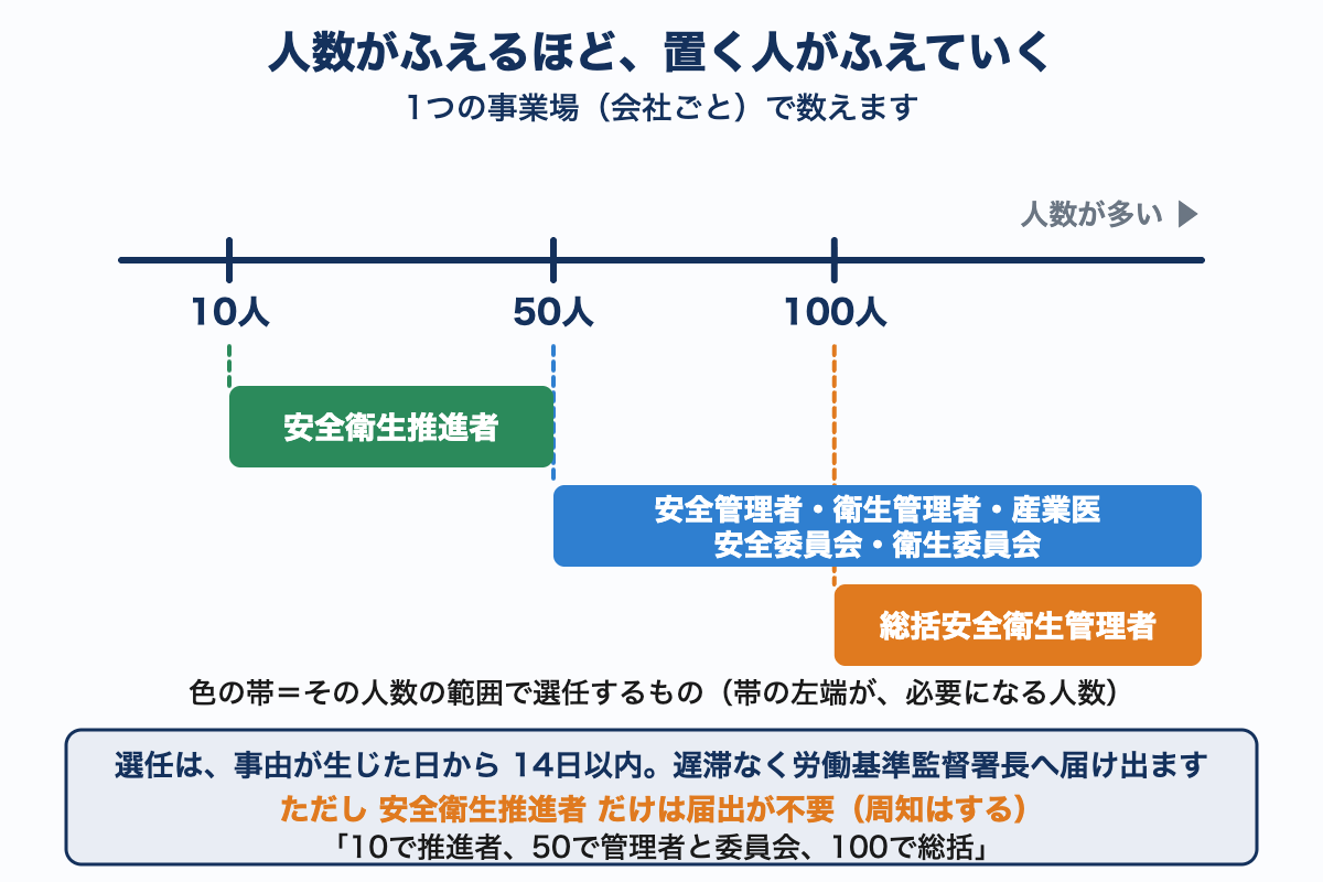 働く人数を数直線にとり、10人以上で安全衛生推進者、50人以上で安全管理者・衛生管理者・産業医と各委員会、100人以上で総括安全衛生管理者が必要になることを帯で示した図。