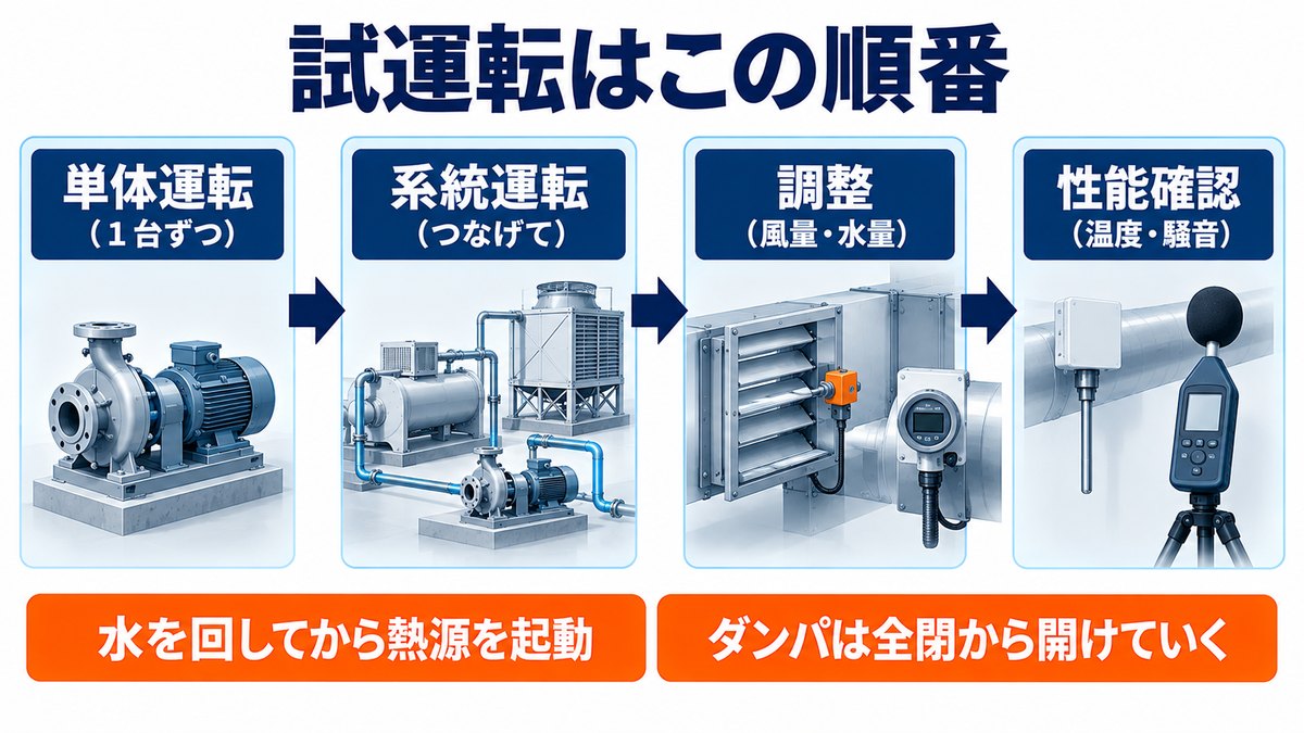 試運転の順番（まず単体で動かし、次に系統でつなげて動かす）を示した図