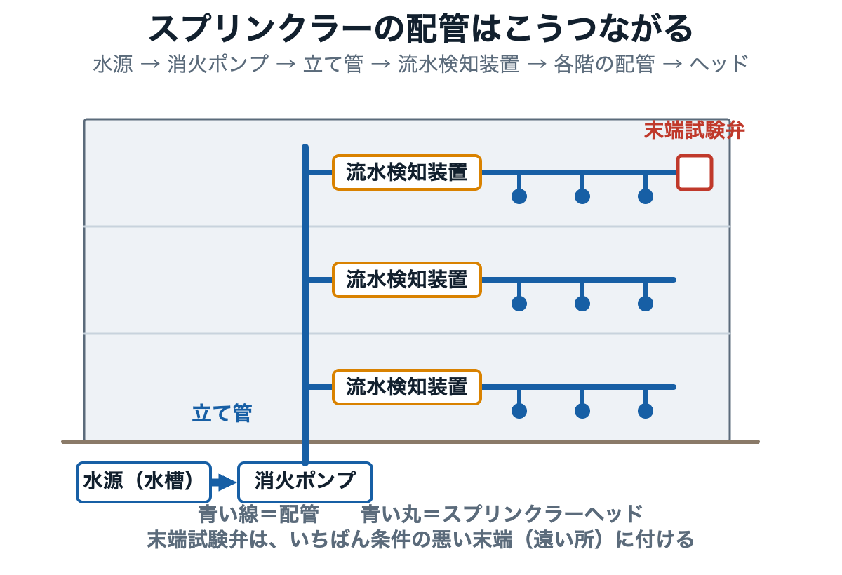 水源から消火ポンプ・立て管・流水検知装置を通ってスプリンクラーヘッドまでつながる配管系統の図