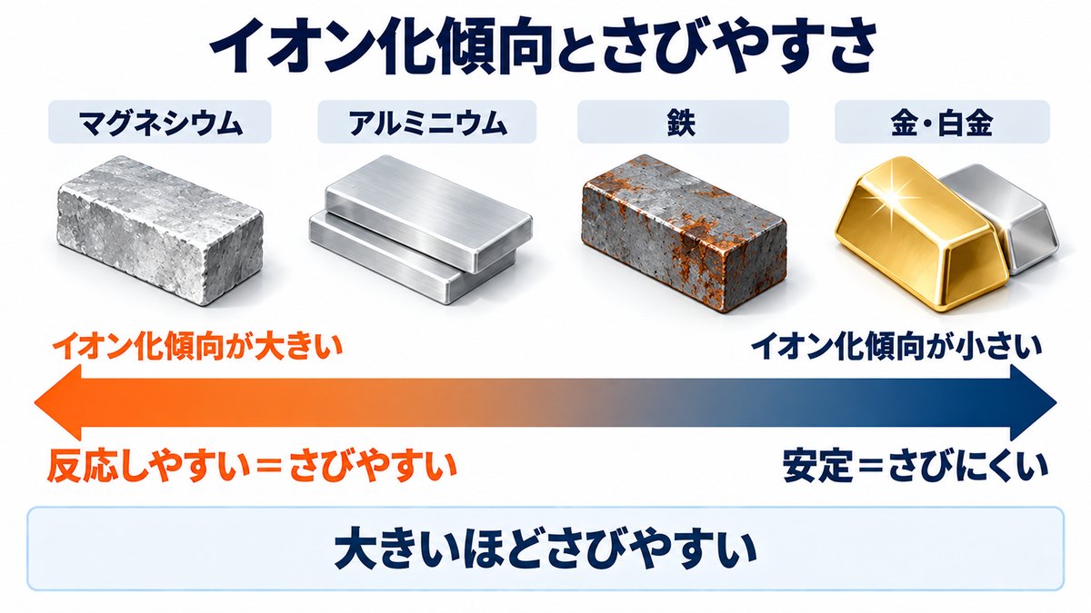 イオン化傾向が大きい金属はさびやすく、小さい金属はさびにくいことを示した図