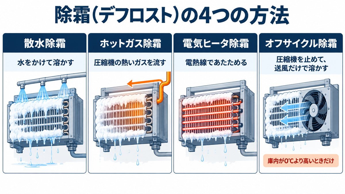 除霜(デフロスト)の4つの方法:散水・ホットガス・電気ヒータ・オフサイクル