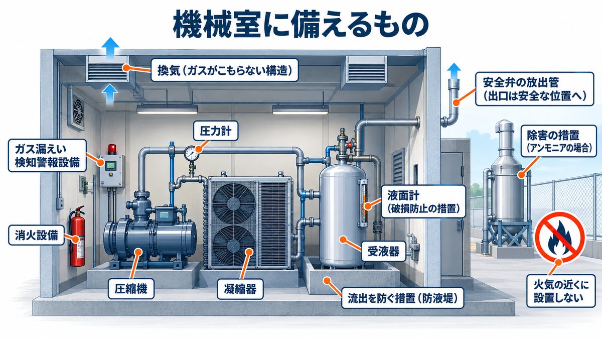 冷凍設備の機械室に備える設備(検知警報・消火設備・圧力計・安全弁の放出管・防液堤など)の図
