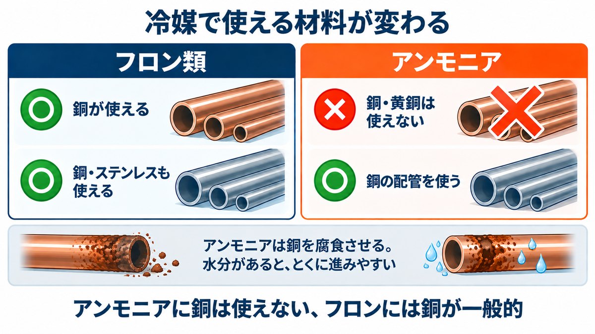 冷媒ごとに使える配管材料が変わることを示す図