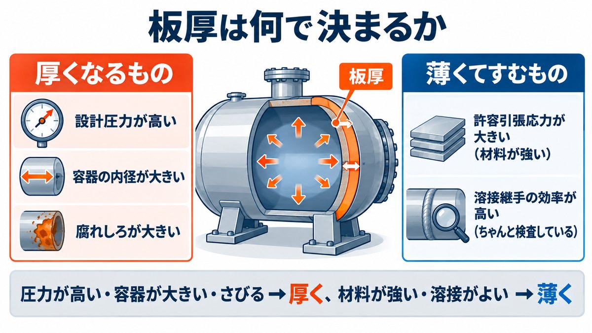 圧力容器の板厚が厚くなる要因と薄くなる要因の図