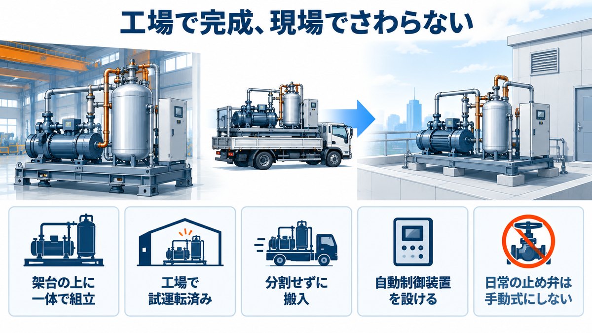 認定指定設備の条件(架台上に一体で組み立て・試運転済み・分割せず搬入・自動制御装置・止め弁は手動式でない)の図