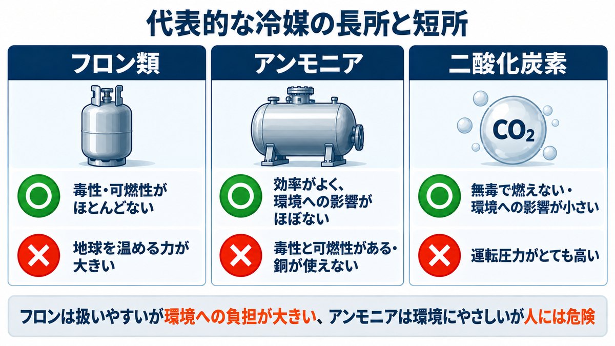 フロン類・アンモニア・二酸化炭素の長所と短所の比較図