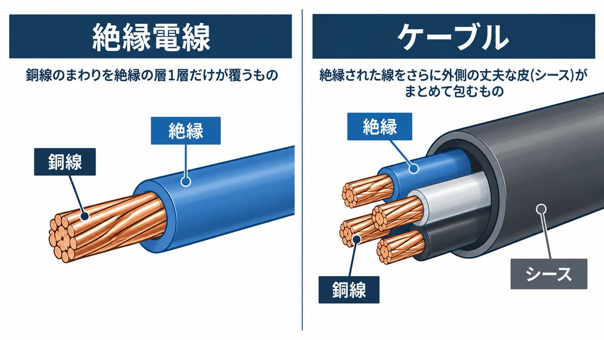 絶縁電線とケーブルの断面のちがい（銅線・絶縁・シース）
