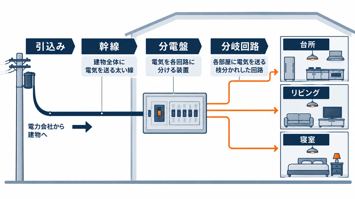 引込みから幹線・分電盤を通って各部屋の分岐回路へ枝分かれする図