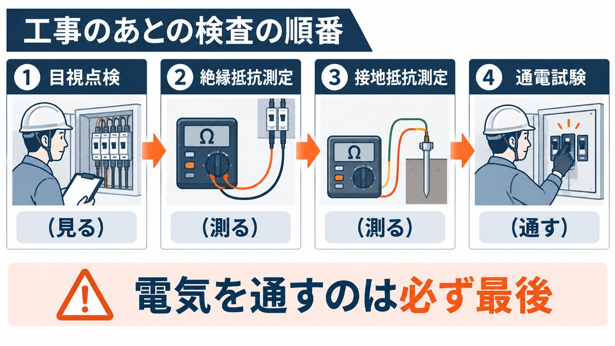 工事のあとの検査の順番（目視→絶縁抵抗→接地抵抗→通電）