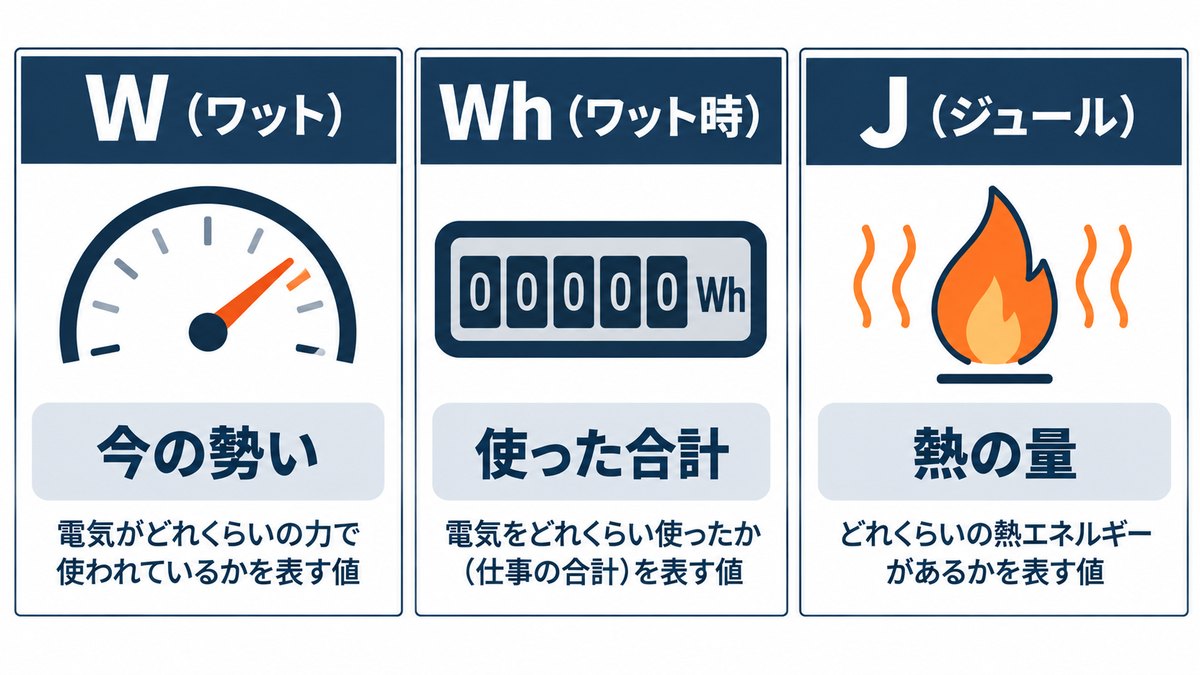 W・Wh・Jのちがい（今の勢い・使った合計・熱の量）