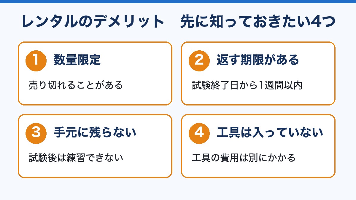 レンタルのデメリット4つ(数量限定・返す期限・手元に残らない・工具なし)